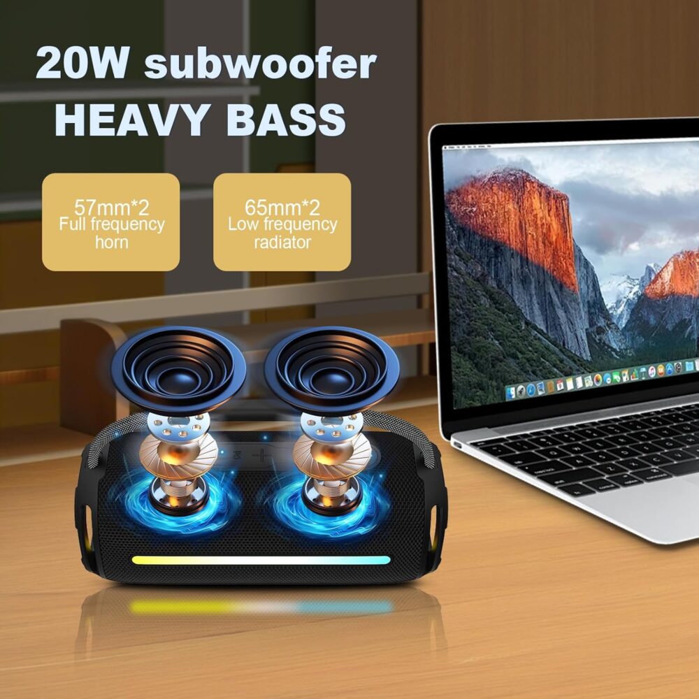 Portable Bluetooth Speaker, Outdoor Waterproof Wireless Speaker with Colorful Flashing Lights, 20W Super Bass, TWS Pairing Suitable for Outdoor, Party, Home, Beach, Travel (Black) - Image 7
