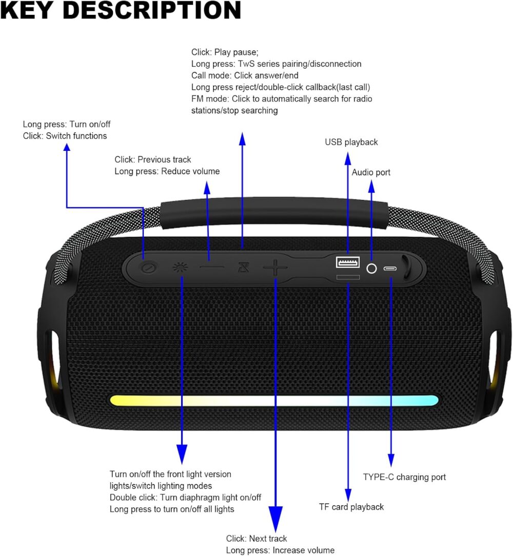 Portable Bluetooth Speaker, Outdoor Waterproof Wireless Speaker with Colorful Flashing Lights, 20W Super Bass, TWS Pairing Suitable for Outdoor, Party, Home, Beach, Travel (Black) - Image 8