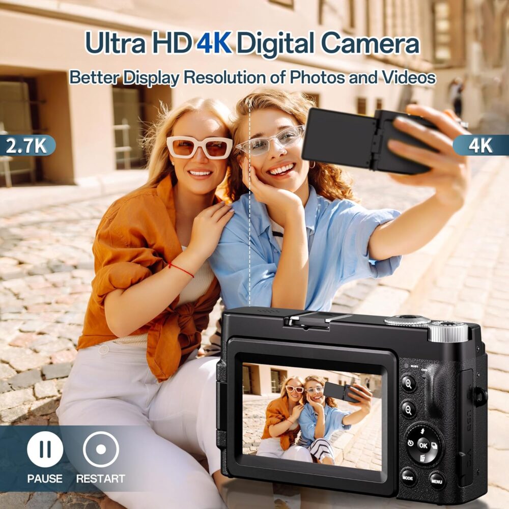 4K Digital Camera for Photography, 48MP Autofocus Vlogging Camera for YouTube with 3'' 180°Flip Screen, 16X Digital Zoom Anti-Shake with SD Card, 2 Batteries & Charging Stand - Image 3
