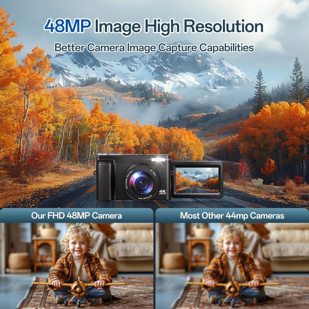 4K Digital Camera for Photography, 48MP Autofocus Vlogging Camera for YouTube with 3'' 180°Flip Screen, 16X Digital Zoom Anti-Shake with SD Card, 2 Batteries & Charging Stand - Image 4