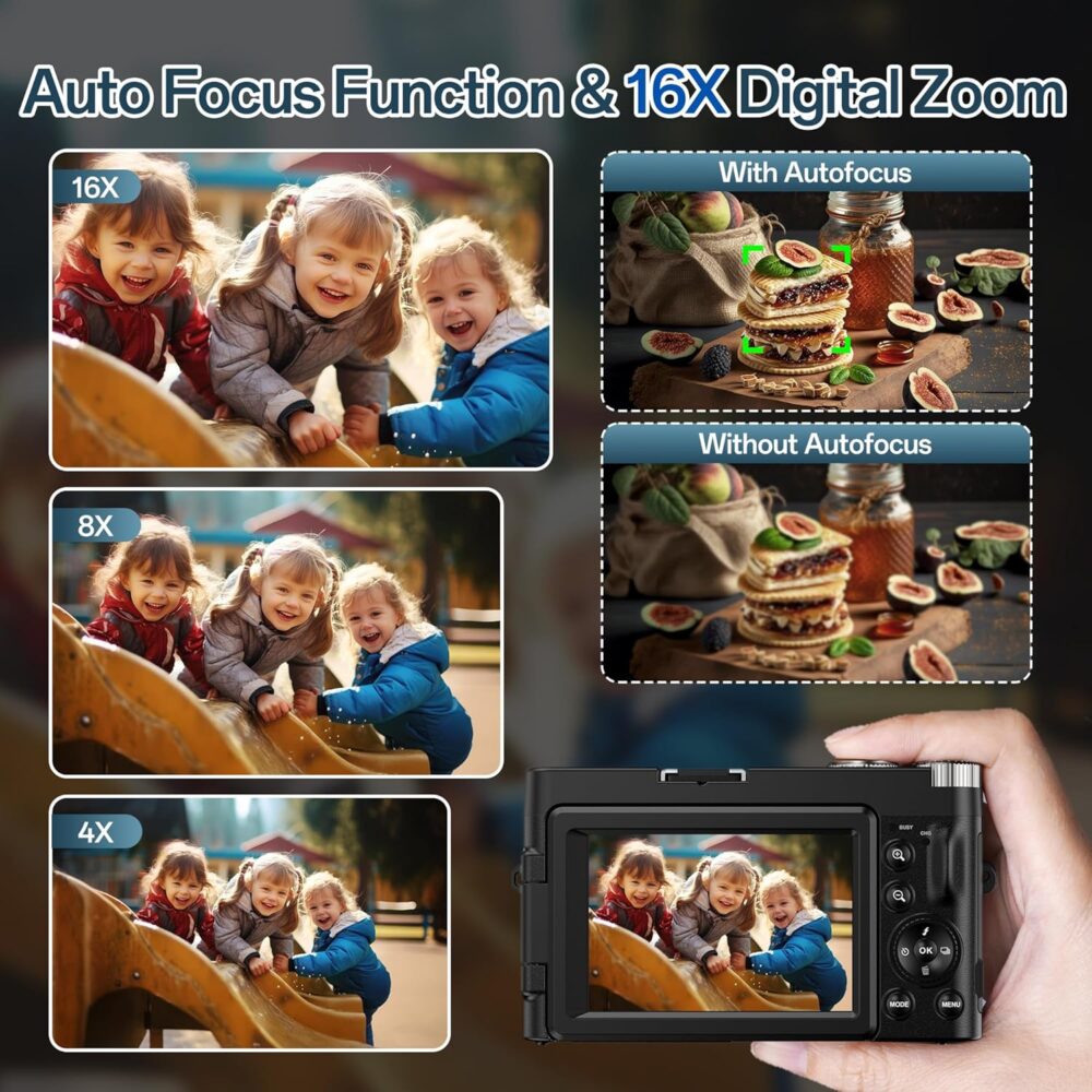 4K Digital Camera for Photography, 48MP Autofocus Vlogging Camera for YouTube with 3'' 180°Flip Screen, 16X Digital Zoom Anti-Shake with SD Card, 2 Batteries & Charging Stand - Image 5