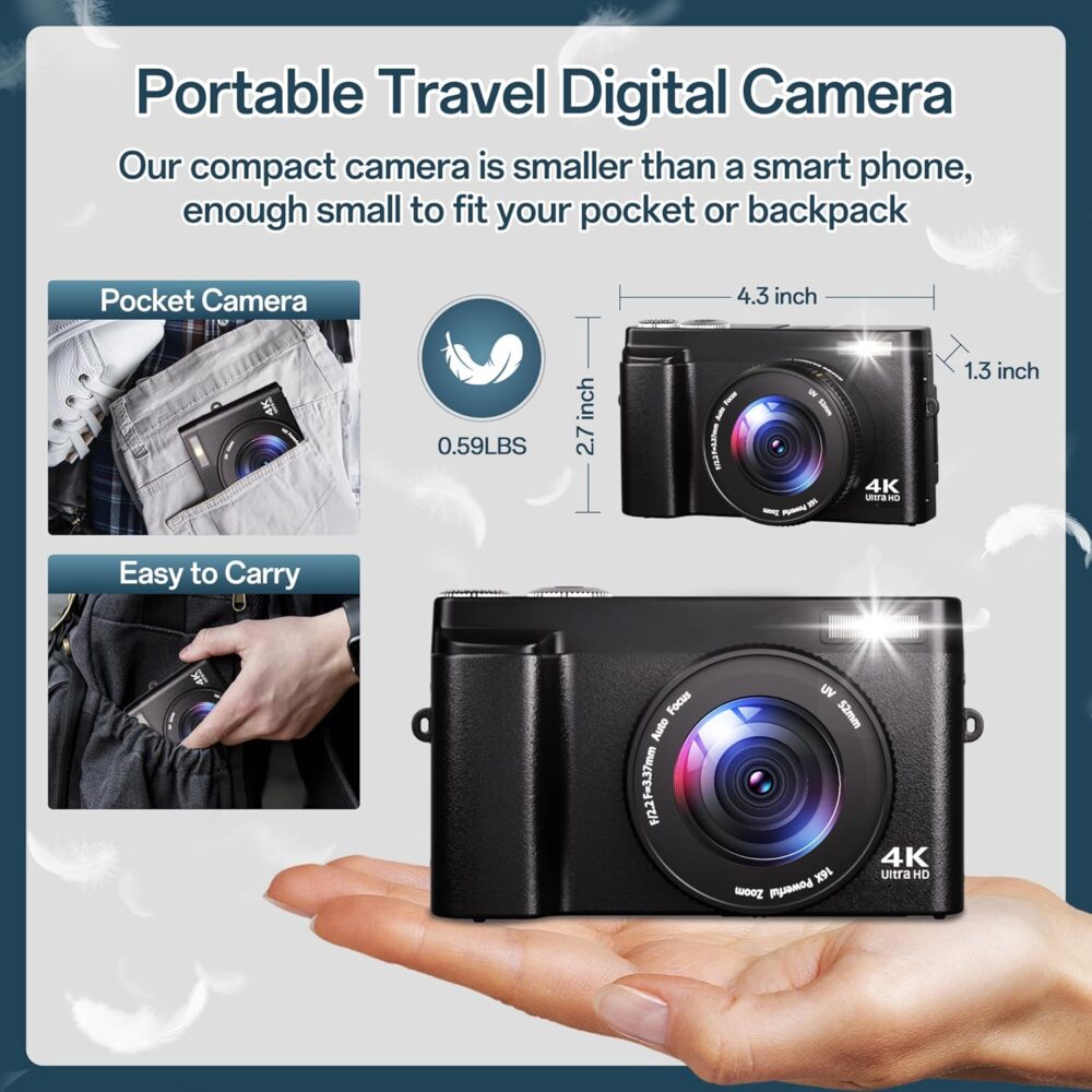 4K Digital Camera for Photography, 48MP Autofocus Vlogging Camera for YouTube with 3'' 180°Flip Screen, 16X Digital Zoom Anti-Shake with SD Card, 2 Batteries & Charging Stand - Image 8