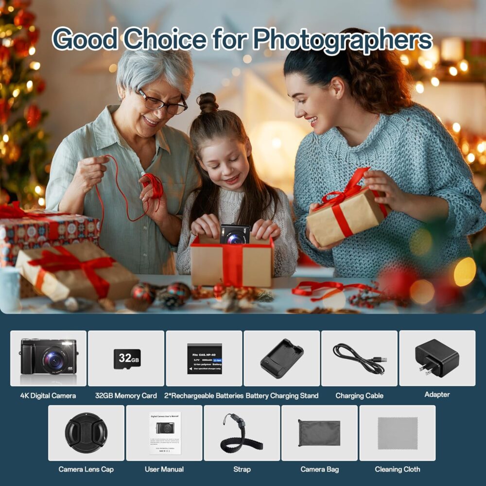 4K Digital Camera for Photography, 48MP Autofocus Vlogging Camera for YouTube with 3'' 180°Flip Screen, 16X Digital Zoom Anti-Shake with SD Card, 2 Batteries & Charging Stand - Image 9