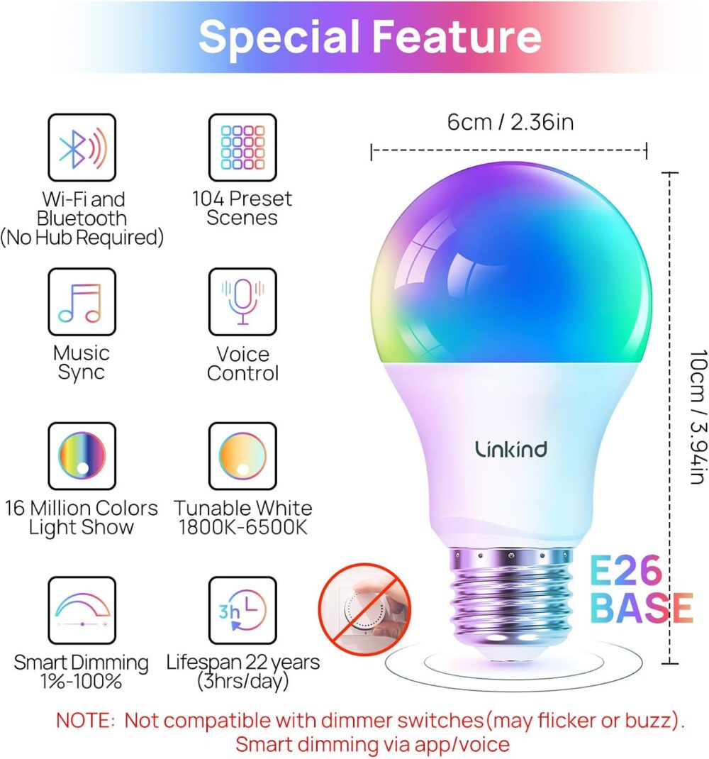 Linkind Smart Light Bulbs, Smart Bulb That Work with Alexa & Google Home, LED Light Bulbs Color Changing, 104 Preset Scene, Music Sync, A19 E26 2.4GHz RGBTW WiFi Bluetooth Light Bulb 60W, 800LM, 4Pack - Image 3