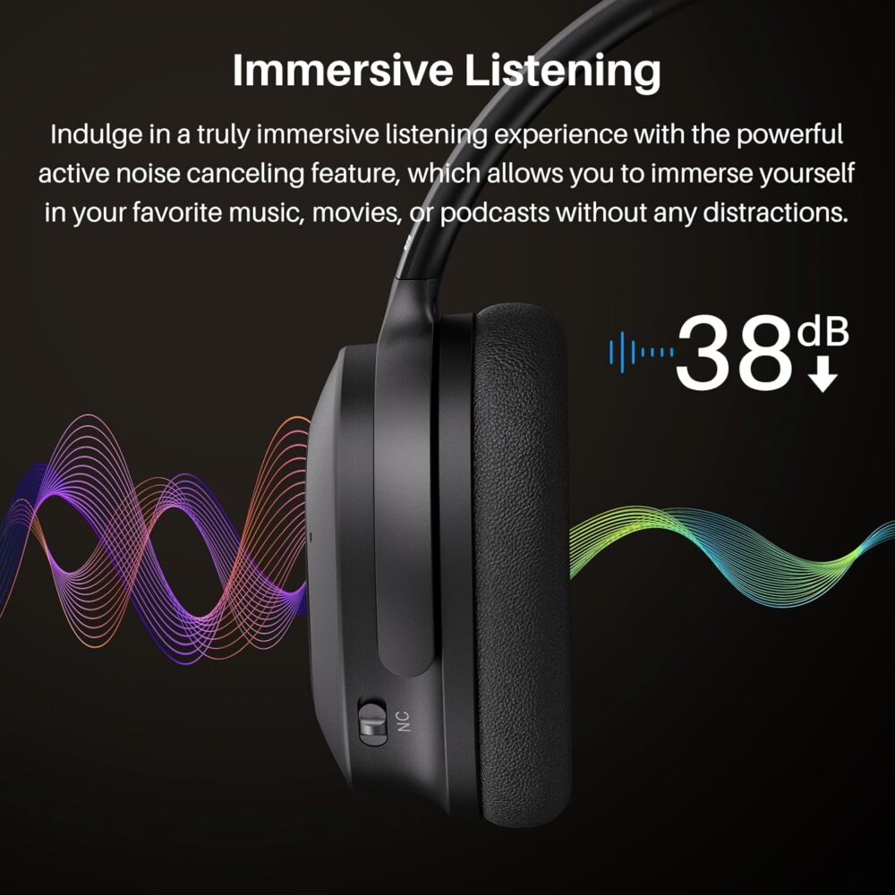 TOZO Hybrid Active Noise Cancelling Headphones, Wireless Over Ear Bluetooth Headset, 40H Playtime, Hi-Res Audio Custom EQ via App Deep Bass Comfort Fit Ear Cups, for Home Office Travel Black - Image 4