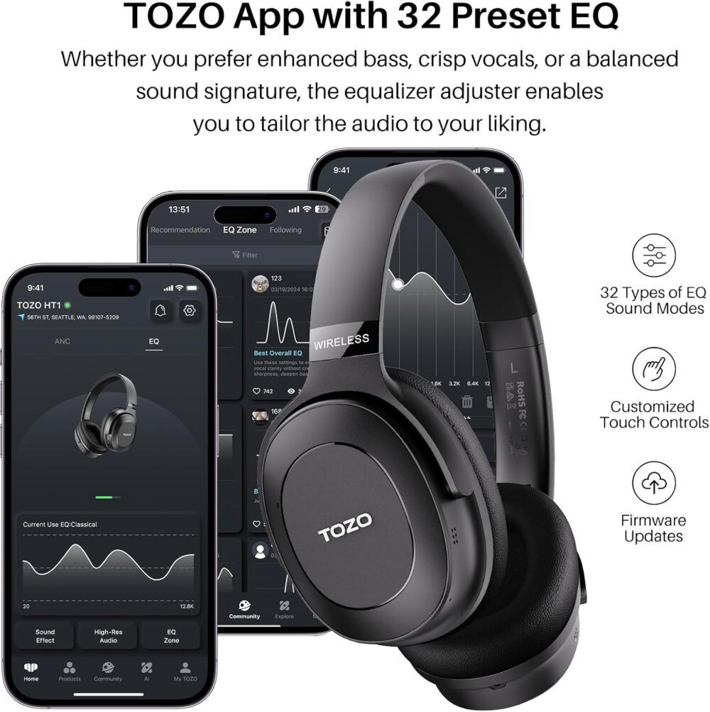 TOZO Hybrid Active Noise Cancelling Headphones, Wireless Over Ear Bluetooth Headset, 40H Playtime, Hi-Res Audio Custom EQ via App Deep Bass Comfort Fit Ear Cups, for Home Office Travel Black - Image 6