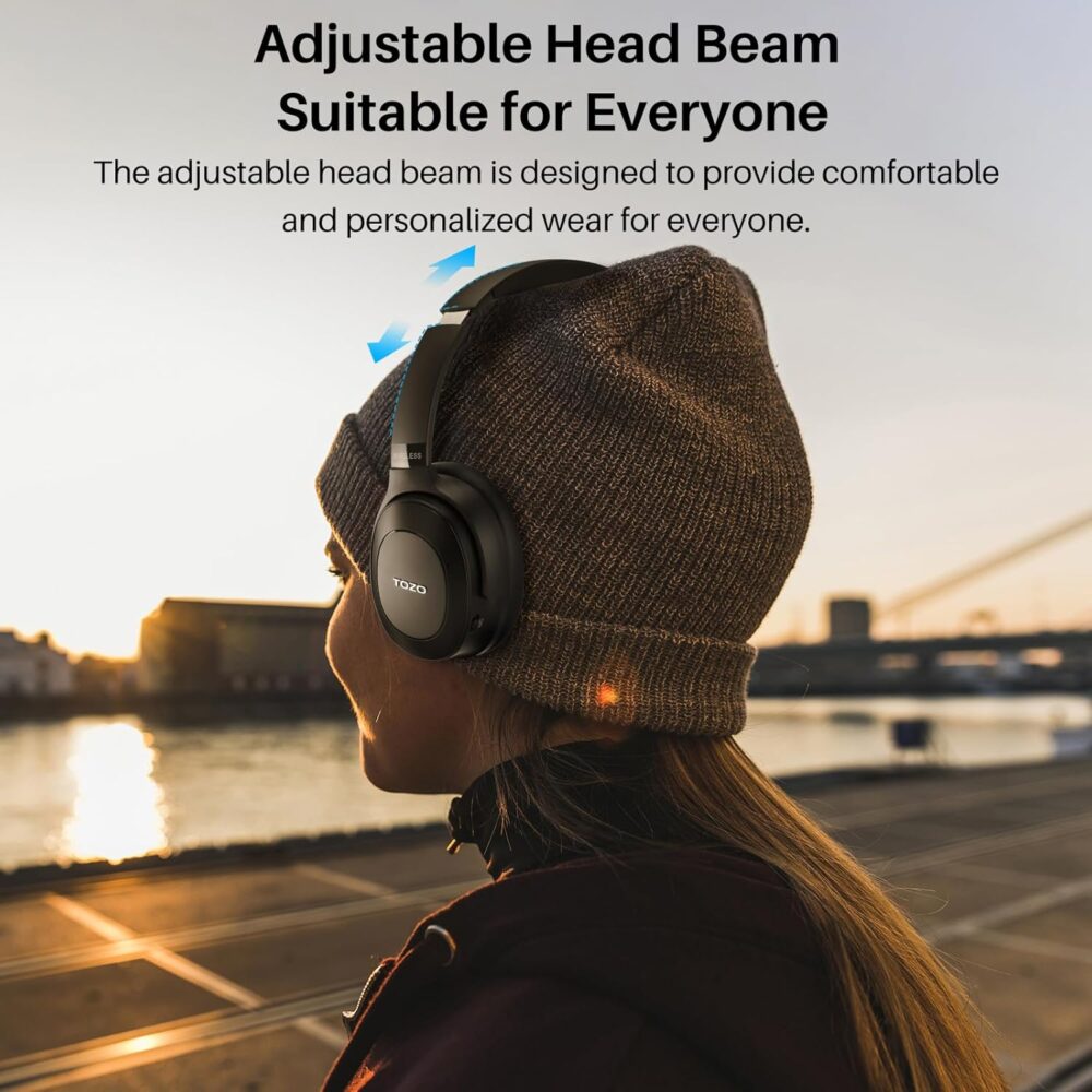 TOZO Hybrid Active Noise Cancelling Headphones, Wireless Over Ear Bluetooth Headset, 40H Playtime, Hi-Res Audio Custom EQ via App Deep Bass Comfort Fit Ear Cups, for Home Office Travel Black - Image 8