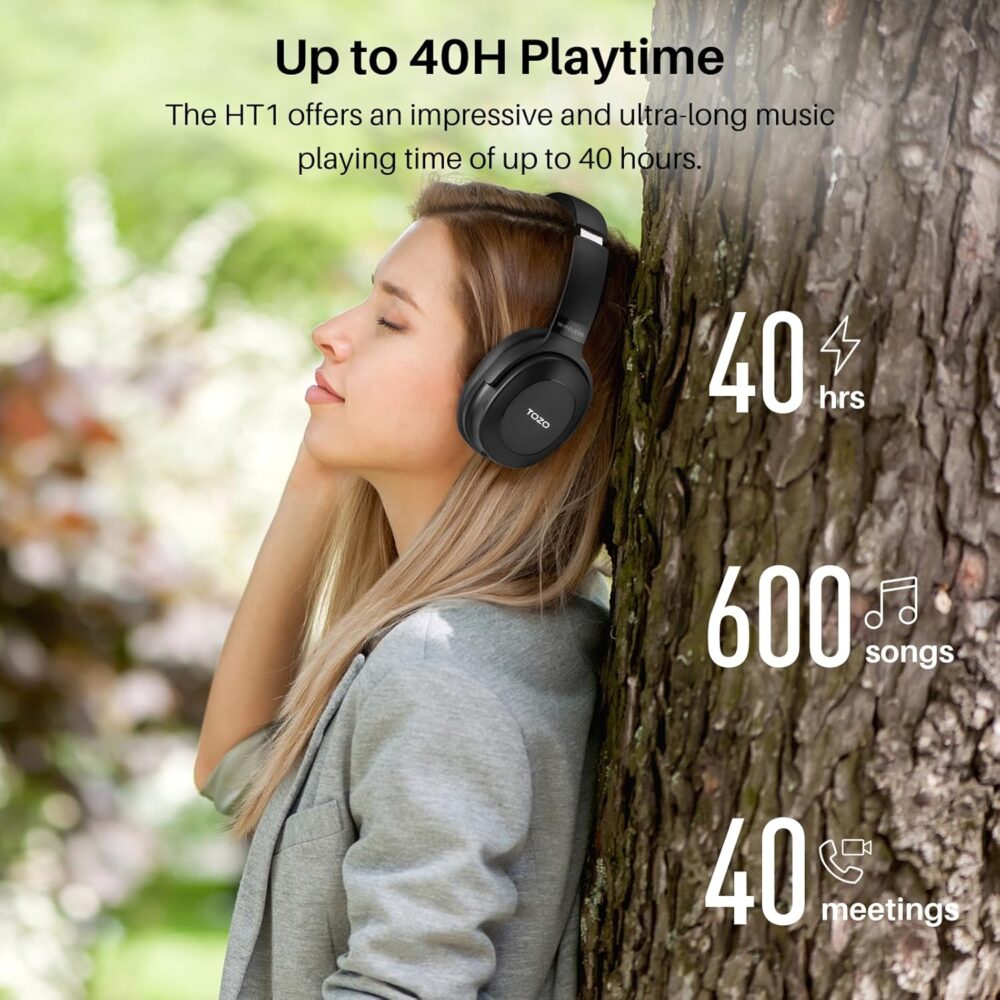TOZO Hybrid Active Noise Cancelling Headphones, Wireless Over Ear Bluetooth Headset, 40H Playtime, Hi-Res Audio Custom EQ via App Deep Bass Comfort Fit Ear Cups, for Home Office Travel Black - Image 10