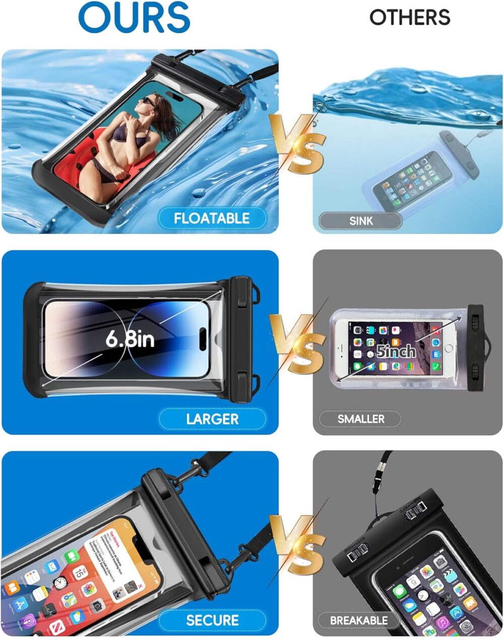 Waterproof Phone Pouch Floating, IP68 Waterproof Phone Case Dry Bag for iPhone 16 Pro Max 15 14 13 S25 - Beach Cruise Ship Travel Essentials - Underwater Screen Touchable, Up to 6.8'' Black - Image 5
