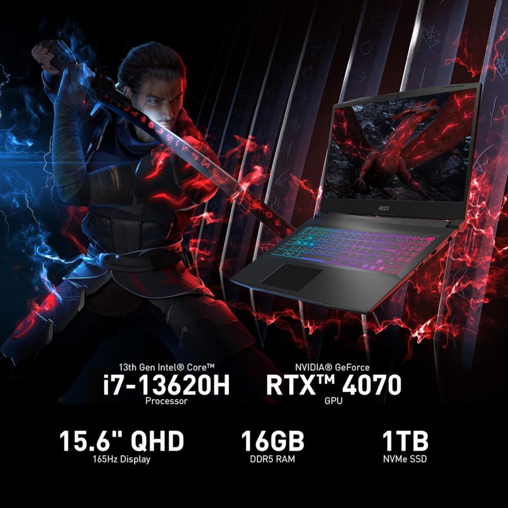 MSI Katana 15 15.6” 165Hz QHD Gaming Laptop: Intel Core i7-13620H, NVIDIA Geforce RTX 4070, 16GB DDR5, 1TB NVMe SSD, Cooler Boost 5, Win 11: Black B13VGK-2000US - Image 3