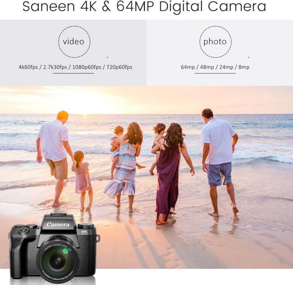 Saneen Digital Camera, 4k Cameras for Photography & Video, 64MP WiFi Touch Screen Vlogging Camera for YouTube with Flash, 32GB Card, Lens Hood, 3000mAH Battery, Front and Rear Cameras - Black - Image 3