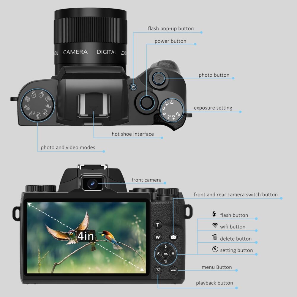 Saneen Digital Camera, 4k Cameras for Photography & Video, 64MP WiFi Touch Screen Vlogging Camera for YouTube with Flash, 32GB Card, Lens Hood, 3000mAH Battery, Front and Rear Cameras - Black - Image 8