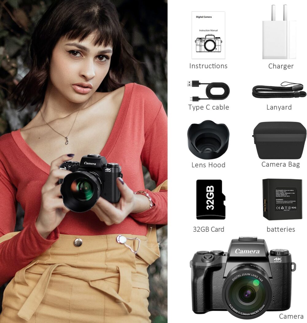 Saneen Digital Camera, 4k Cameras for Photography & Video, 64MP WiFi Touch Screen Vlogging Camera for YouTube with Flash, 32GB Card, Lens Hood, 3000mAH Battery, Front and Rear Cameras - Black - Image 10