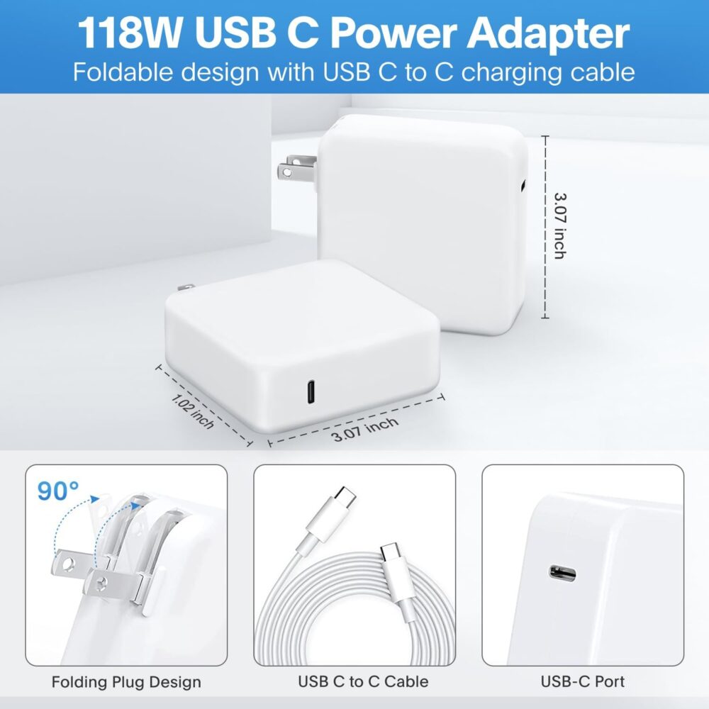 Mac Book Pro Charger - 118W USB C Charger Fast Charger Compatible with MacBook pro/Air, M1 M2 M3 M4, ipad Pro, Samsung Galaxy and All USB C Device, Include Charge Cable - Image 8