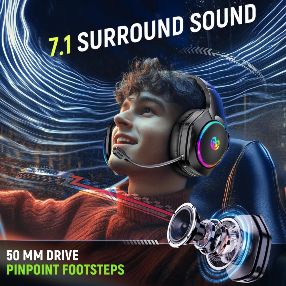 Wireless Gaming Headsets for Ps5 Ps4 PC, 2.4GHz USB & Type-C Gaming Headphones, 40H+ Hrs & 7.1 Surround Sound with Noise Canceling Microphone for Switch Phone - Image 3