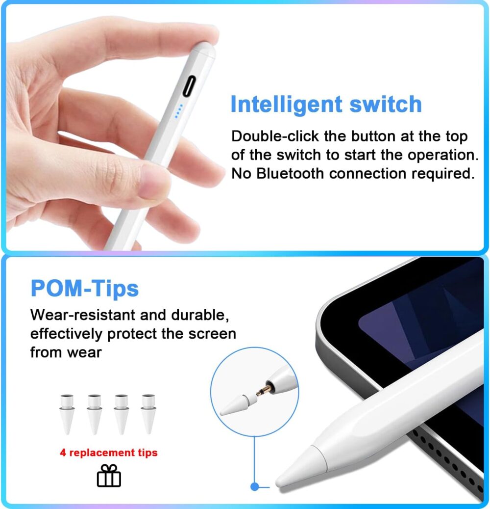 Stylus Pen for iPad 9th&10th - Type-c Charging Pencil for ipad Palm Rejection Active Pen Compatible with (2018-2025) Apple iPad 6/7/8/9/10/11(A16), Air 3/4/5/M2/M3, Mini 5/6, Pro 11"/12.9"/M4 (White) - Image 8