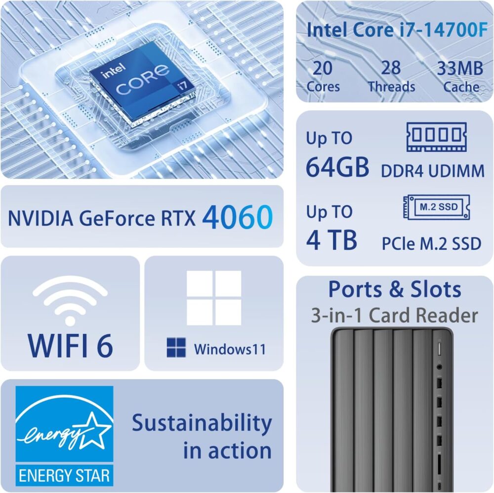 HP Envy Pro TE01 VR-Ready Tower Desktop, Intel i7-14700F, NVIDIA GeForce RTX 4060, 64GB RAM, 2TB SSD, Wired Mouse & KB, 3-in-1 Card Reader, Energy Star Certified, Bundle with Adata 512GB External SSD - Image 6