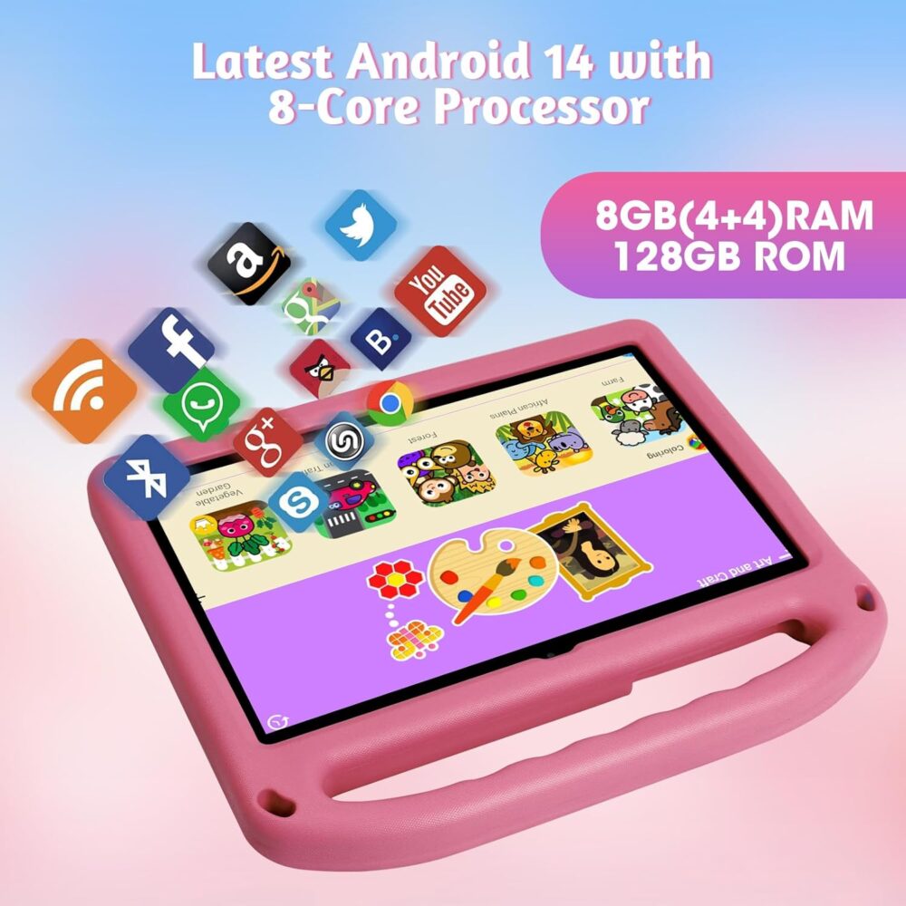 weelikeit 2025 Upgraded Kids Tablet, 10 Inch Android 14 Tablet for Kids, 8GB (4+4) RAM + 128GB Storage, 6000mAh Long Battery, Dual Cameras, Great Tablet for Toddlers, Case Included (Pink) - Image 3