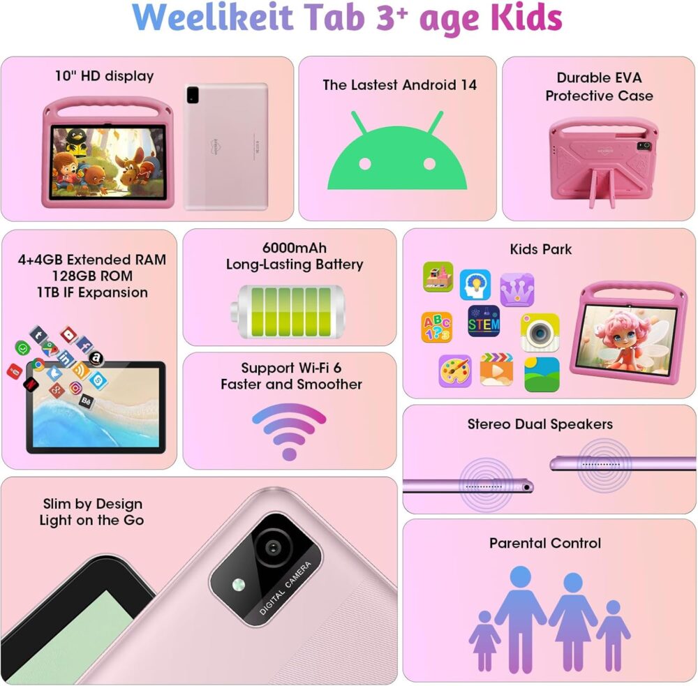 weelikeit 2025 Upgraded Kids Tablet, 10 Inch Android 14 Tablet for Kids, 8GB (4+4) RAM + 128GB Storage, 6000mAh Long Battery, Dual Cameras, Great Tablet for Toddlers, Case Included (Pink) - Image 5