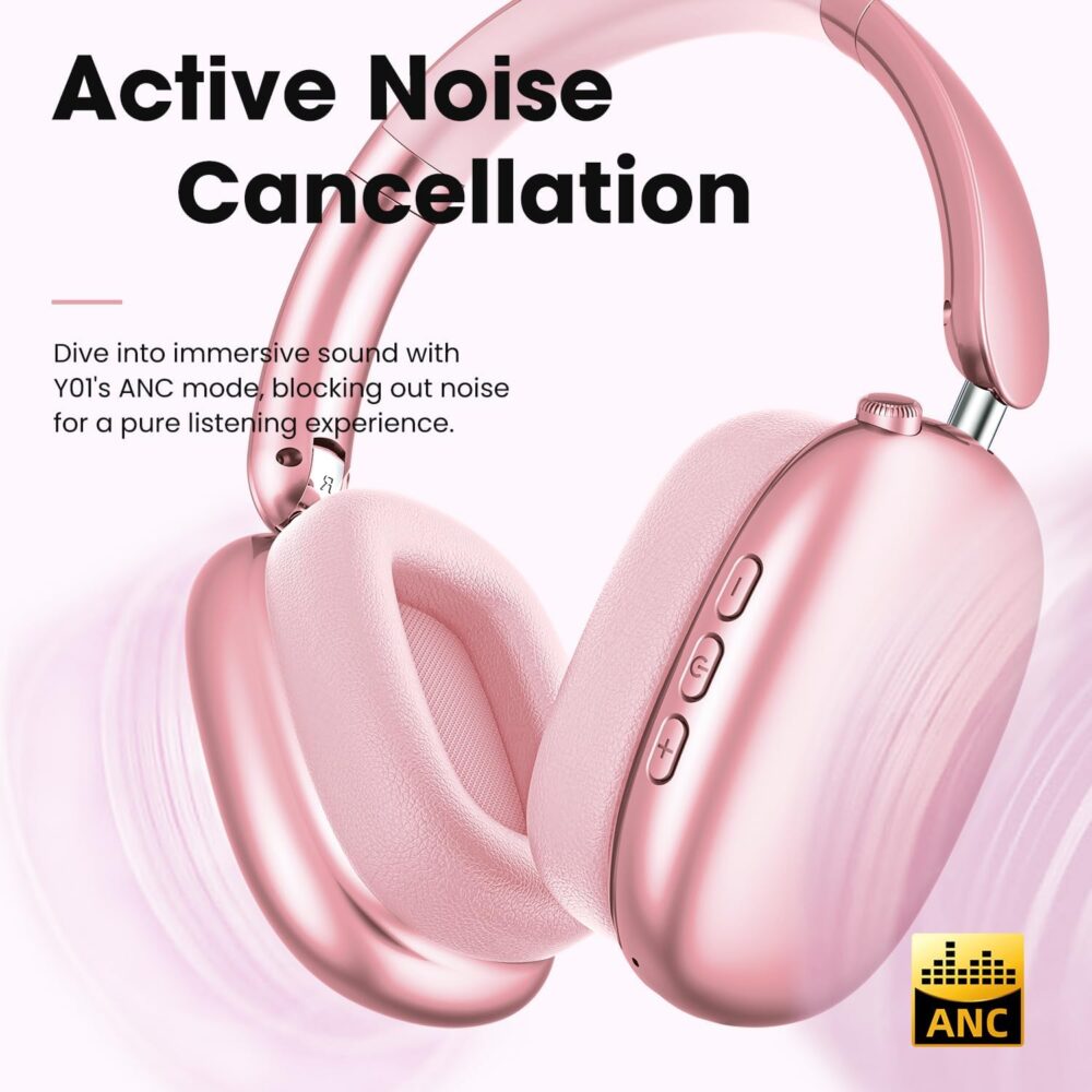Y01 Wireless Over Ear Headphones, Noise Canceling Bluetooth 5.3 Headphones with Microphones,Hi-Res Audio,48H Playtime,Foldable,Breathable Soft Earpads for iOS/Android/Samsung/PC-Pink - Image 3