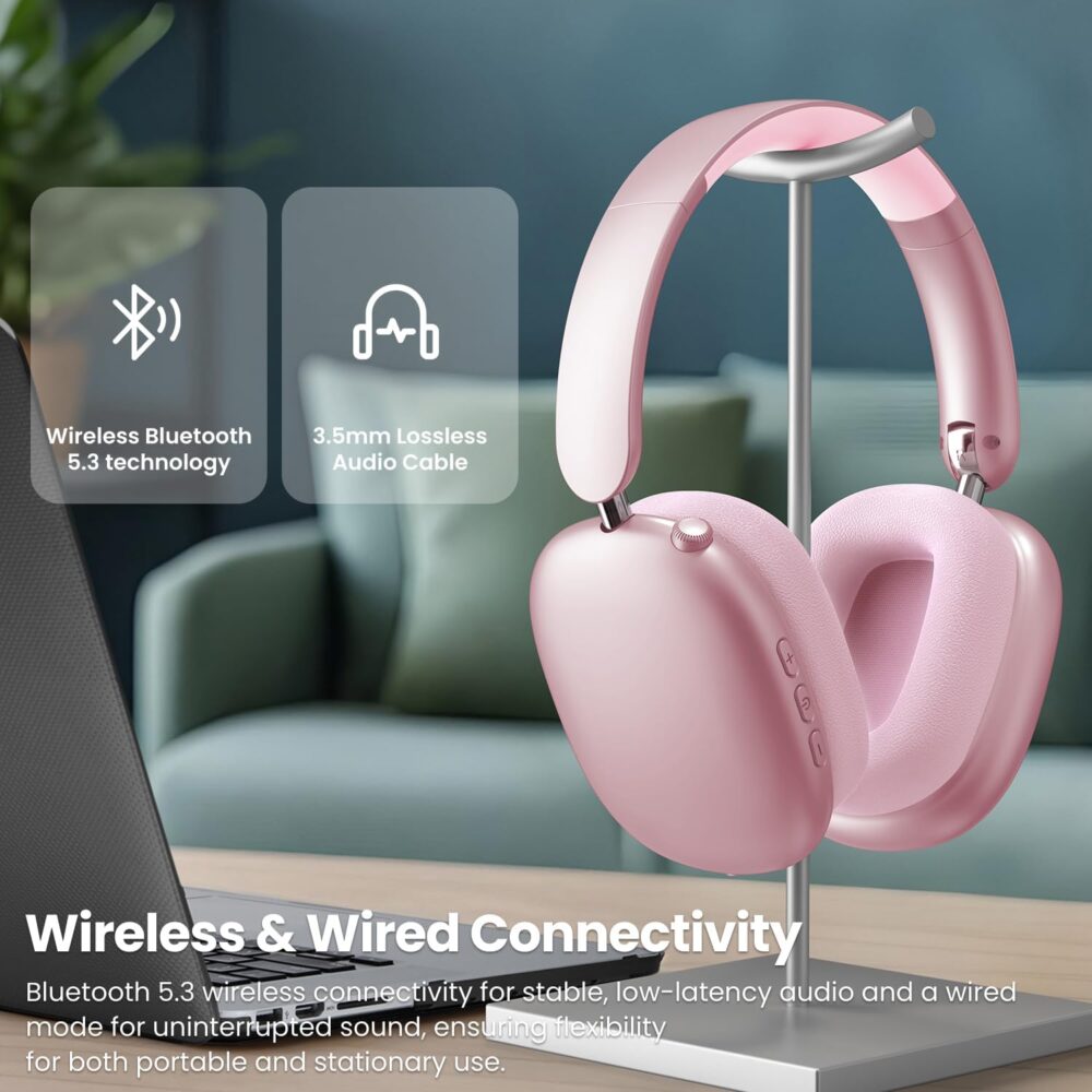 Y01 Wireless Over Ear Headphones, Noise Canceling Bluetooth 5.3 Headphones with Microphones,Hi-Res Audio,48H Playtime,Foldable,Breathable Soft Earpads for iOS/Android/Samsung/PC-Pink - Image 7