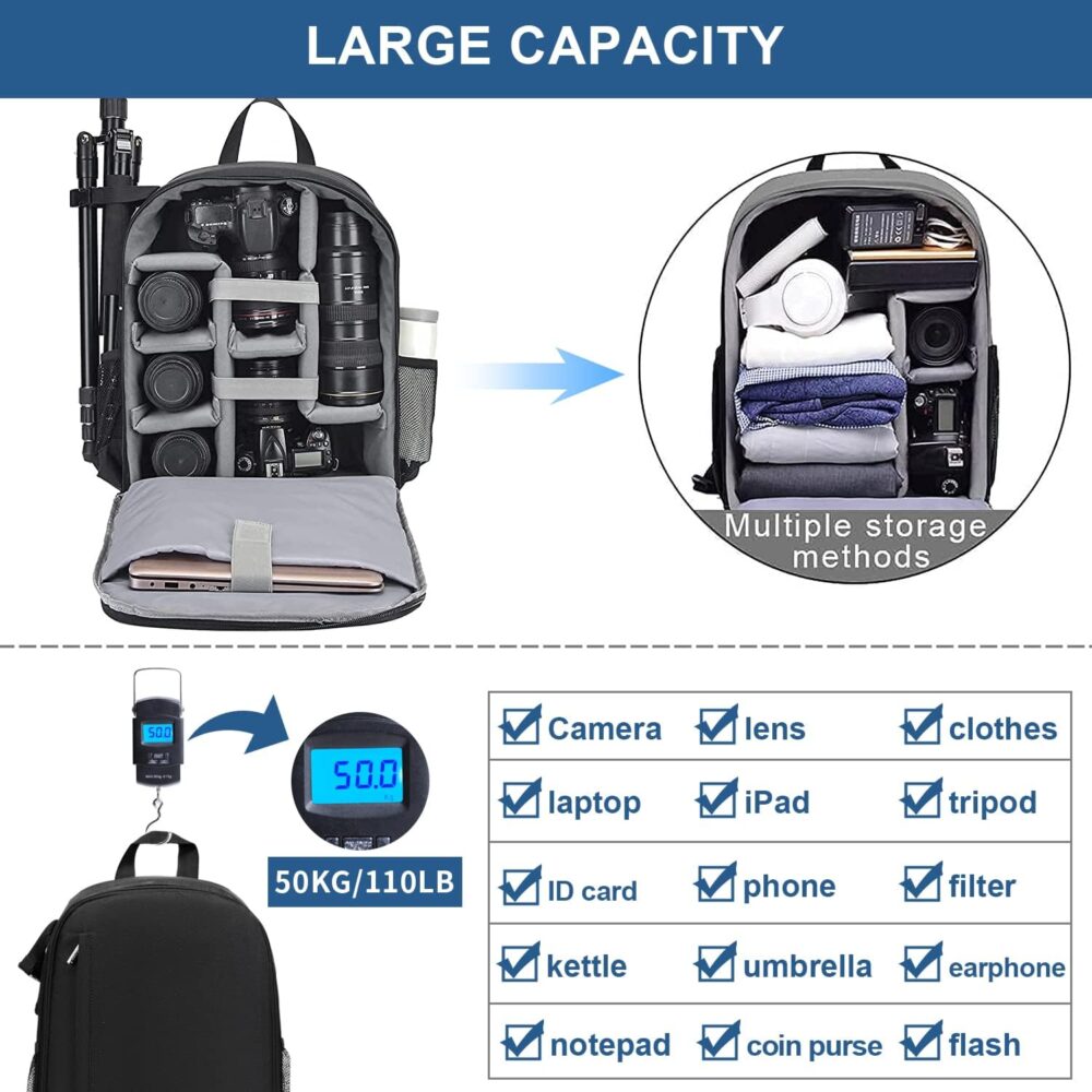 Cwatcun Camera Backpack Bag Professional for SLR DSLR Mirrorless Camera Waterproof Camera Case Compatible with Sony Canon Nikon Camera and Lens Tripod Accessories (Ⅱ Small Black) - Image 5