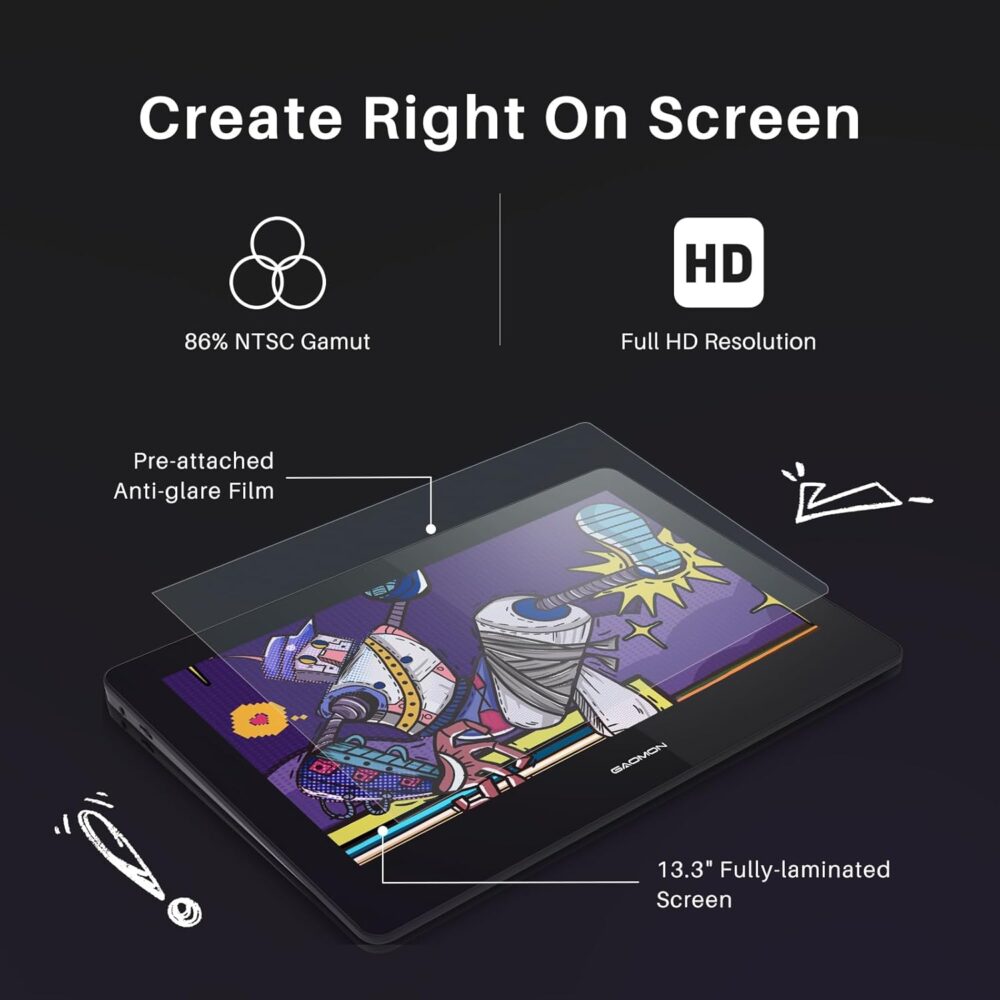 GAOMON PD1320 13.3 Inch Full-Laminated Pen Display 120% sRGB Graphics Drawing Tablet with Tilt Support and Adjustable Leather Stand - for Windows Mac Android OS - Image 3