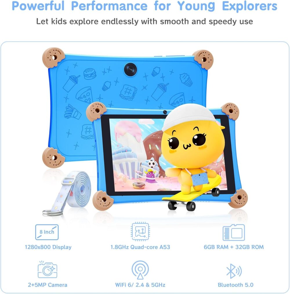 2025 Kids Tablet, 8 Inch Android Tablet for Kids 3-12 with KIDOZ Preinstalled, 6GB+32GB Storage, WiFi 6, Parental Control, Anti-Fall Design, Adjustable Strap Included, Great Gift for Kids - Image 3