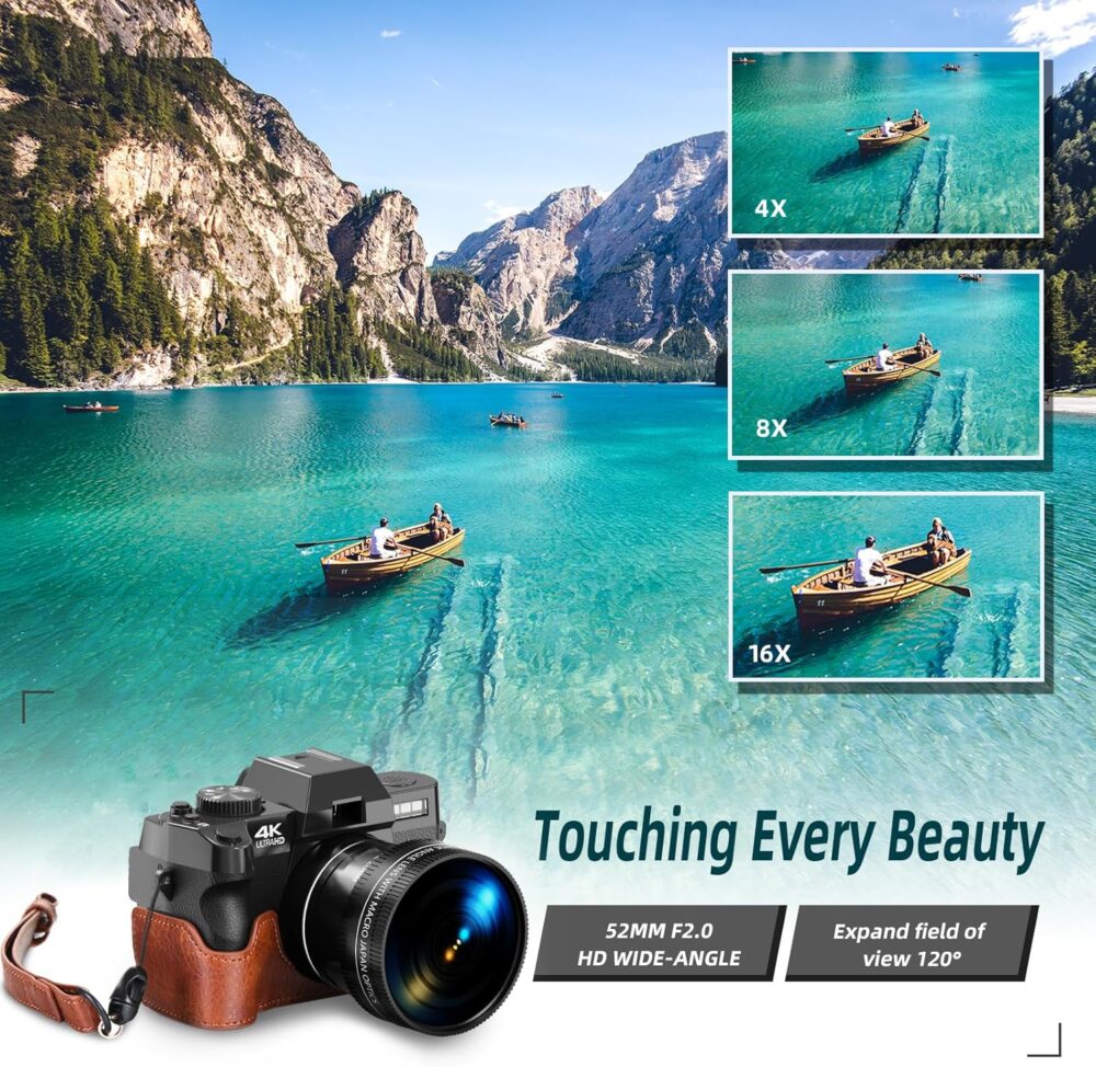 Digital Camera for Photography and Video,4K 48MP Vlogging Camera for YouTube with 180° Flip Screen,16X Digital Zoom,52mm Wide Angle,Leather Hold & Strap, 2 Batteries, 32GB TF Card - Image 3