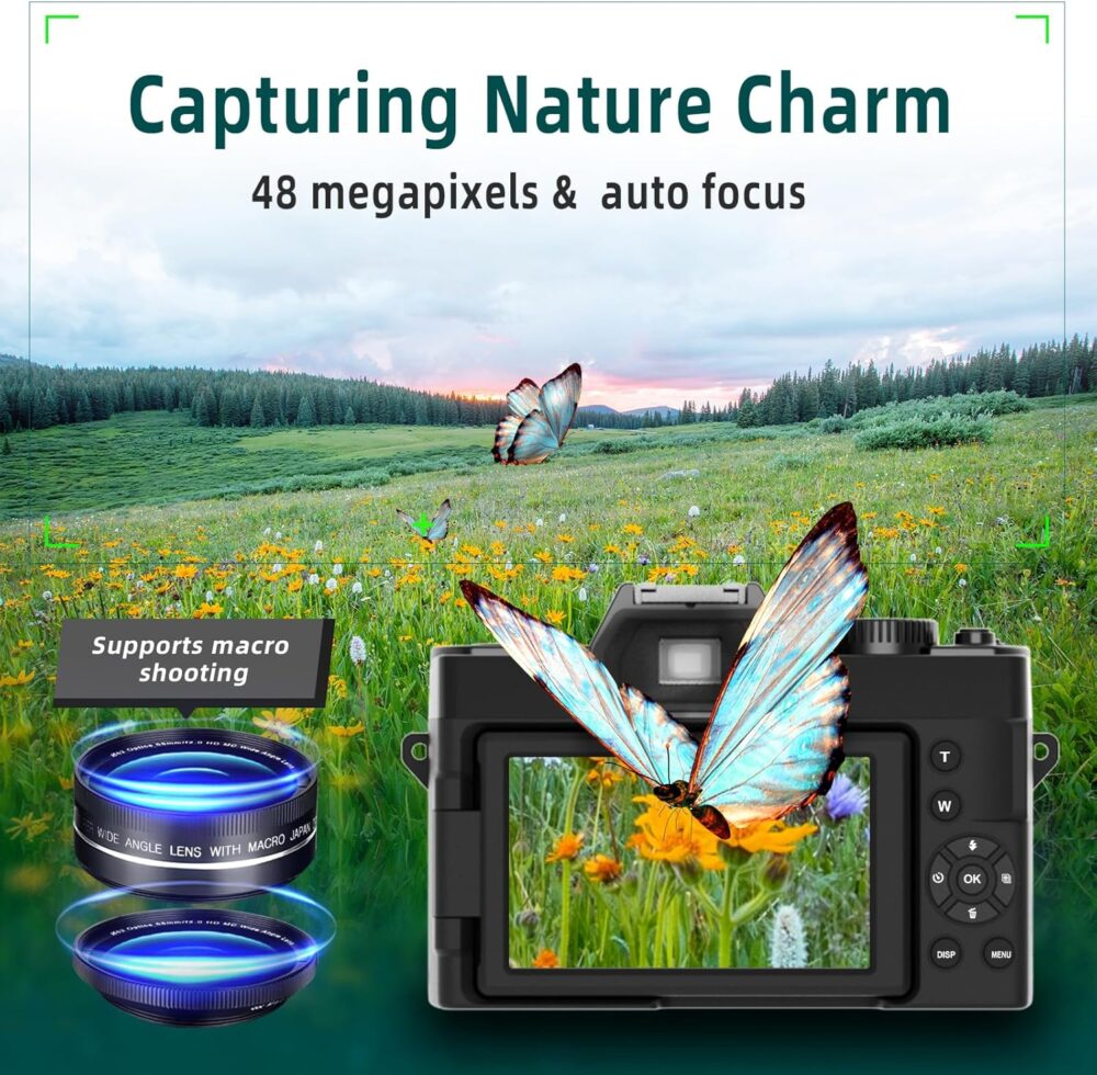 Digital Camera for Photography and Video,4K 48MP Vlogging Camera for YouTube with 180° Flip Screen,16X Digital Zoom,52mm Wide Angle,Leather Hold & Strap, 2 Batteries, 32GB TF Card - Image 4