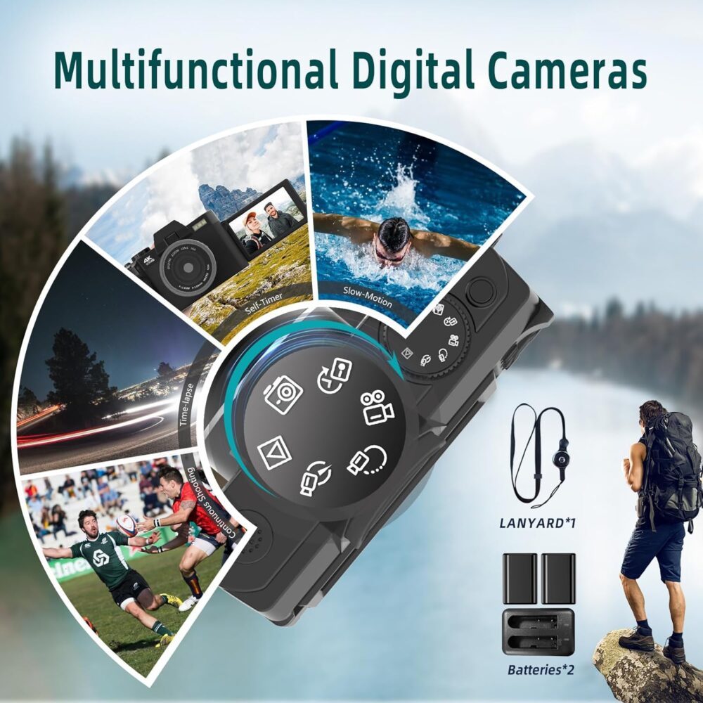 Digital Camera for Photography and Video,4K 48MP Vlogging Camera for YouTube with 180° Flip Screen,16X Digital Zoom,52mm Wide Angle,Leather Hold & Strap, 2 Batteries, 32GB TF Card - Image 7