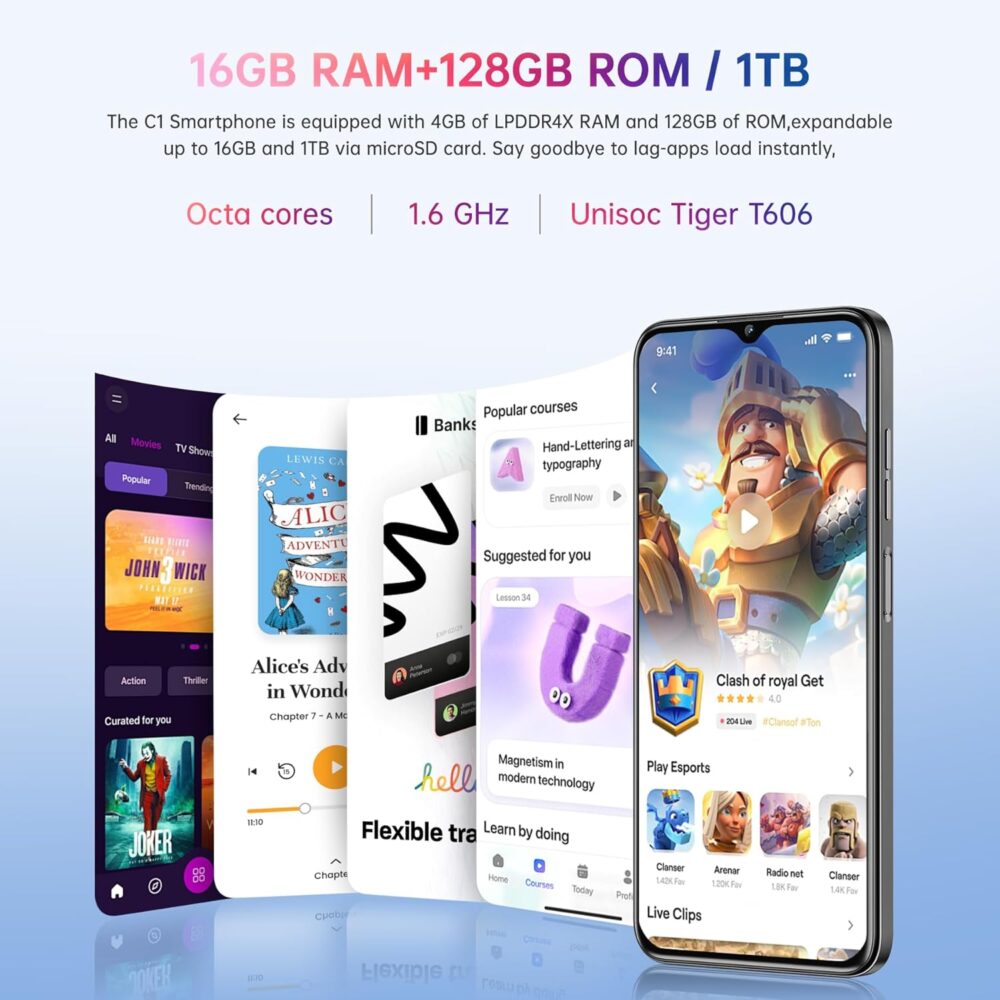 OUKITEL C1 Android 15 Cell Phone Unlocked 2025-16GB+128GB(TF 1TB), 6.52'' Waterdrop Screen, 5150mAh Battery Smartphone, 13MP Camera Octa Core, 4G Triple SIM, Fingerprint/3.5mm Jack/GPS/T-Mobile,Blue - Image 4