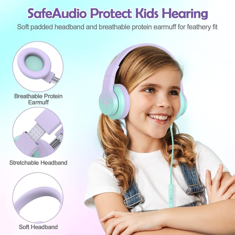 Kids Headphones, Wired Headphones for Kids Over Ear with Microphone, 85/94dB Volume Limiter Headphone for Girls Boys, Foldable Headphone for Learning & Entertainment,Gradient Purple - Image 7