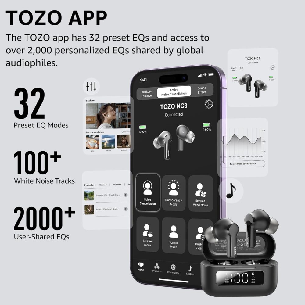 TOZO Hybrid Active Noise Cancelling Wireless Earbuds with 6 Mics AI Clear Call Ear Buds 55H Playtime with LED Display 32 Preset EQs via APP Bluetooth 5.3 IPX8 Waterproof in Ear Headphones - Image 3