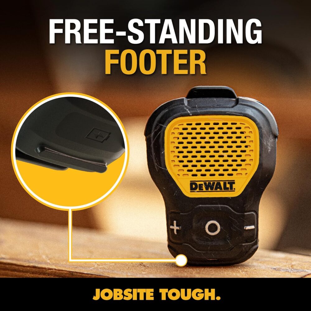 DEWALT Wearable Bluetooth Speaker (Updated Version), Clip-On Wireless Jobsite Pro Water-Resistant Portable Speaker (Non-Magnetic), Built-in Mic for Hands-Free Music/Calls, Bluetooth Speaker (Yellow) - Image 4