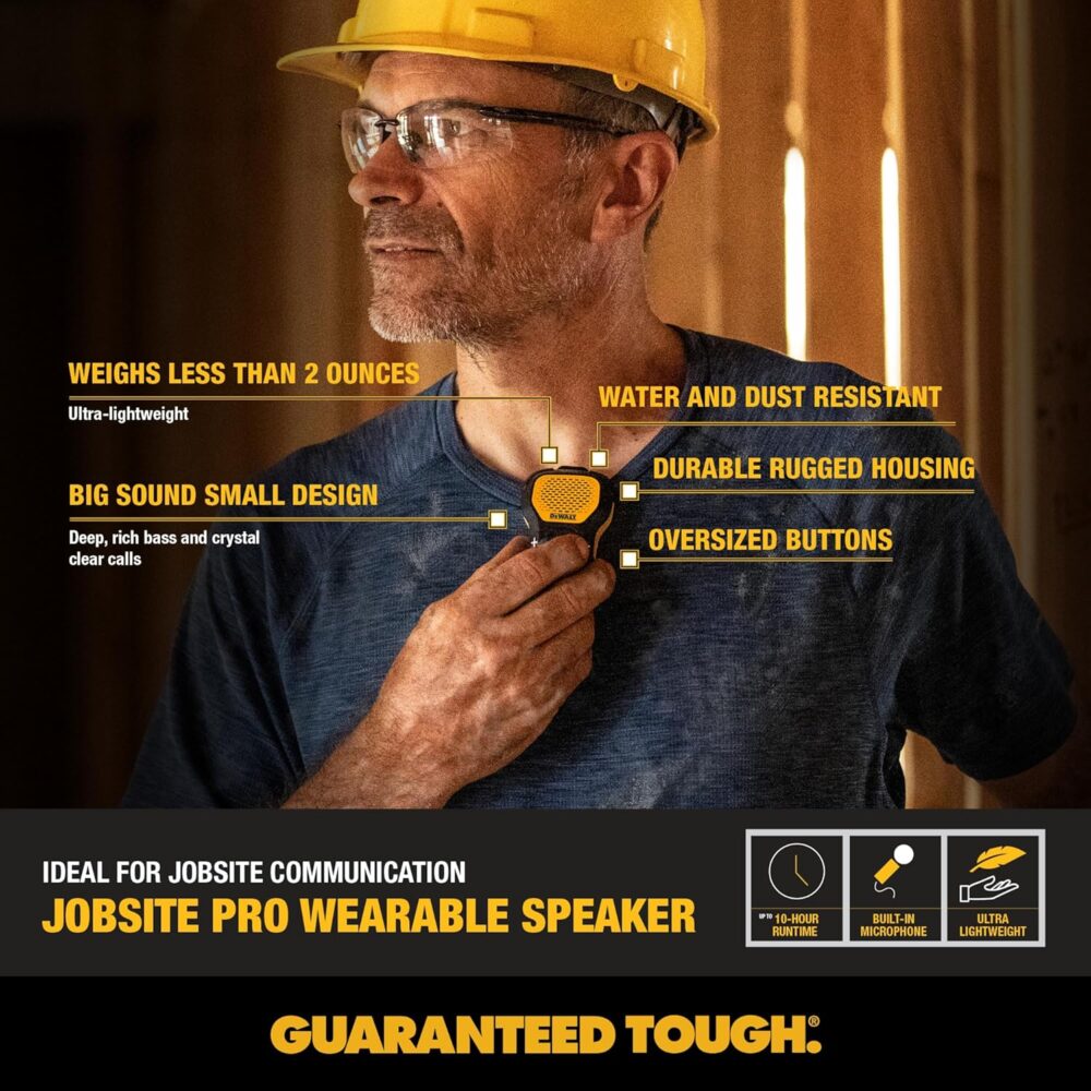 DEWALT Wearable Bluetooth Speaker (Updated Version), Clip-On Wireless Jobsite Pro Water-Resistant Portable Speaker (Non-Magnetic), Built-in Mic for Hands-Free Music/Calls, Bluetooth Speaker (Yellow) - Image 6