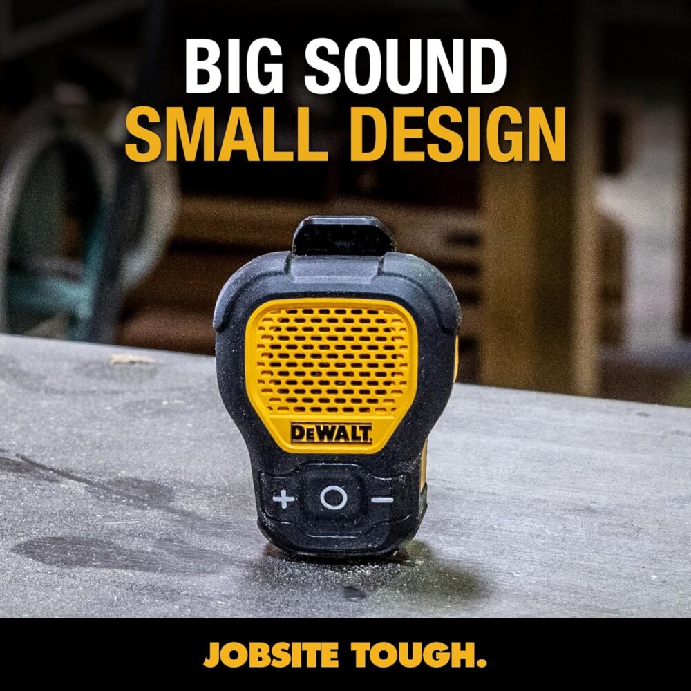 DEWALT Wearable Bluetooth Speaker (Updated Version), Clip-On Wireless Jobsite Pro Water-Resistant Portable Speaker (Non-Magnetic), Built-in Mic for Hands-Free Music/Calls, Bluetooth Speaker (Yellow) - Image 7