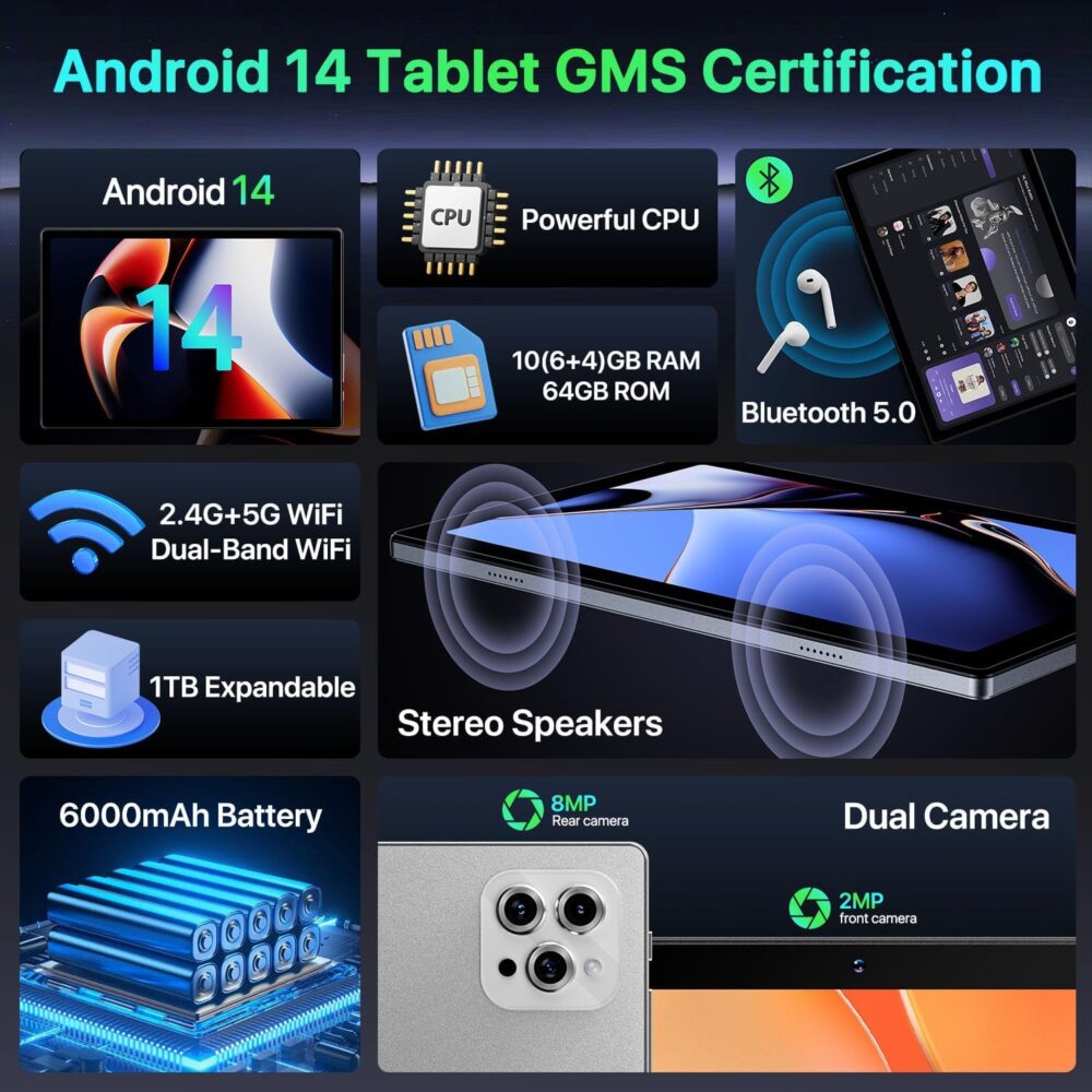 Tablet, 2025 Tablet 10 inch Android 14 Tablets, Octa-Core 10GB RAM 64GB ROM | 6000mAh Battery, 1024GB Expand |1080 * 800 HD IPS Touchscreen | 5G/2.4G WiFi 6 | Bluetooth 5.0(Gray) - Image 4