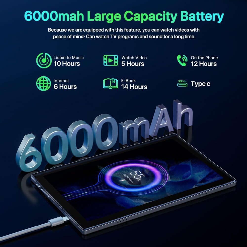 Tablet, 2025 Tablet 10 inch Android 14 Tablets, Octa-Core 10GB RAM 64GB ROM | 6000mAh Battery, 1024GB Expand |1080 * 800 HD IPS Touchscreen | 5G/2.4G WiFi 6 | Bluetooth 5.0(Gray) - Image 6