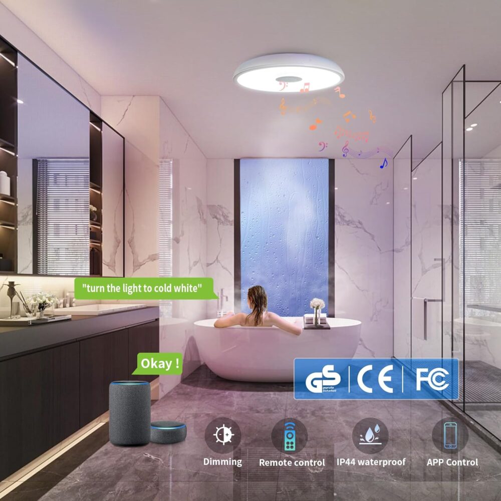 Smart Waterproof LED Flush Mount Ceiling Light Fixture,11 inch 18W,with Bluetooth Speaker,RGB Color Changing Function- Dimmable Lamp,Tuya Application Control-Compatible with Alexa Google Home - Image 3