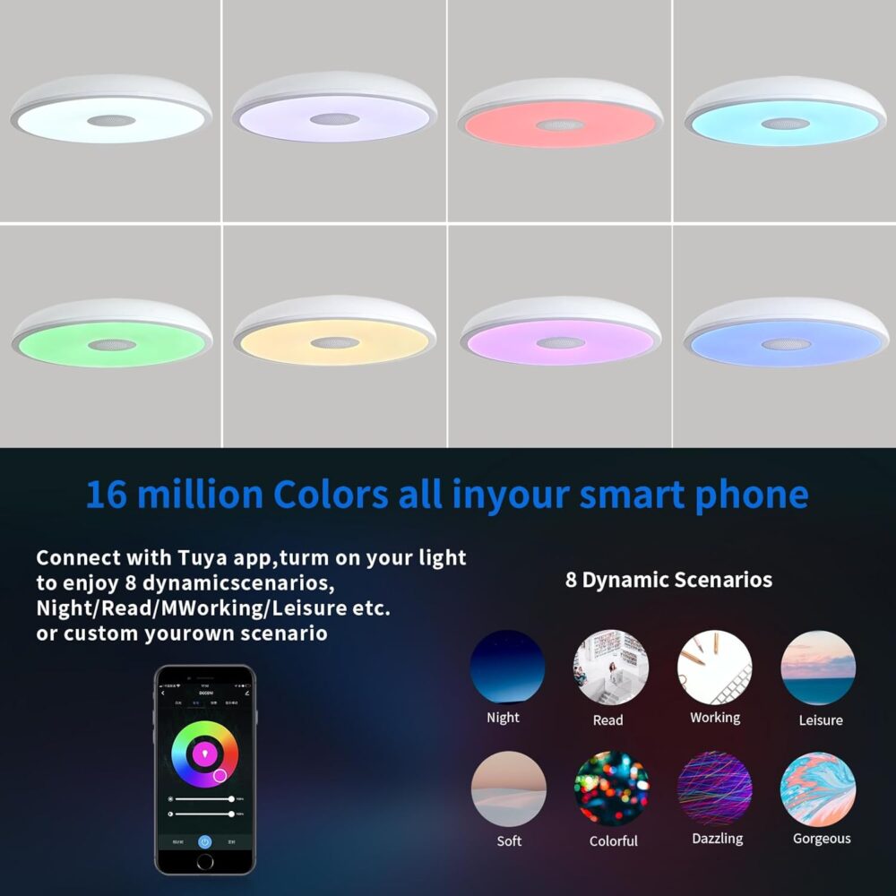 Smart Waterproof LED Flush Mount Ceiling Light Fixture,11 inch 18W,with Bluetooth Speaker,RGB Color Changing Function- Dimmable Lamp,Tuya Application Control-Compatible with Alexa Google Home - Image 4
