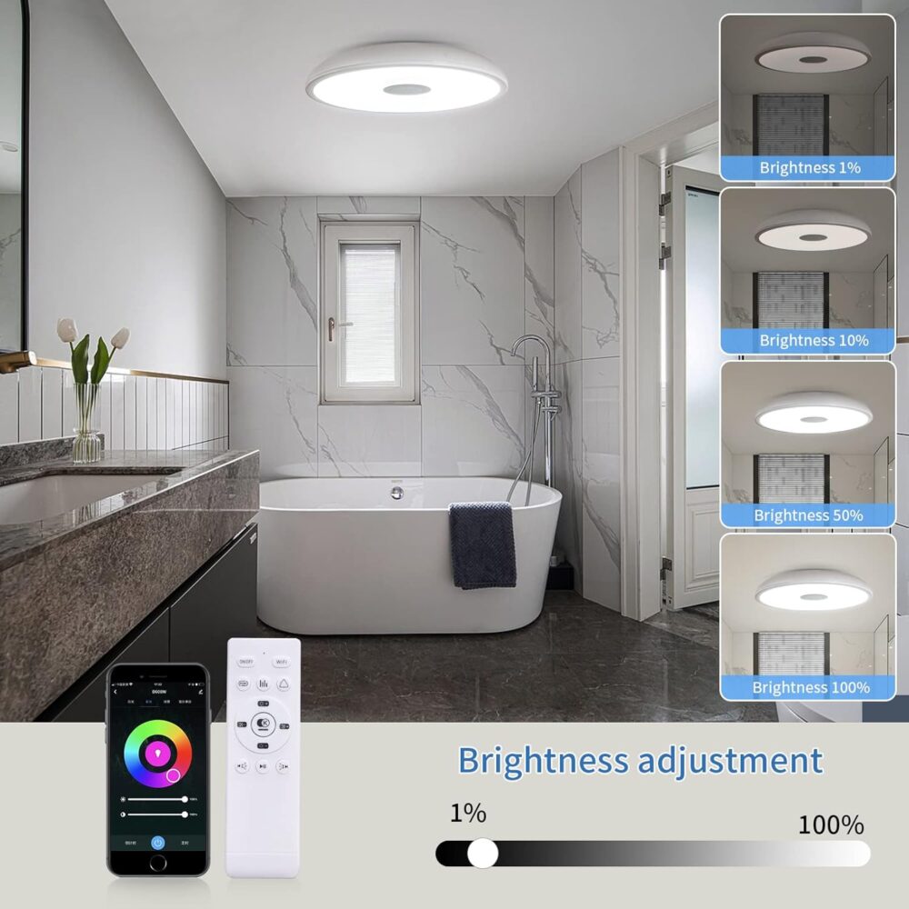 Smart Waterproof LED Flush Mount Ceiling Light Fixture,11 inch 18W,with Bluetooth Speaker,RGB Color Changing Function- Dimmable Lamp,Tuya Application Control-Compatible with Alexa Google Home - Image 5