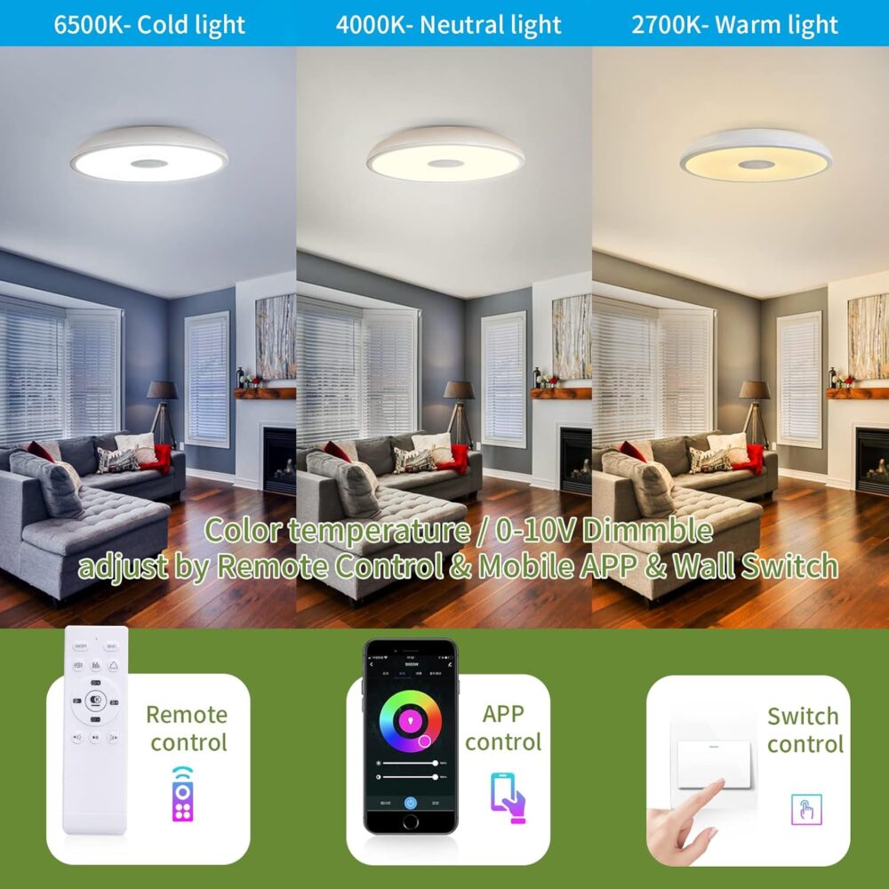 Smart Waterproof LED Flush Mount Ceiling Light Fixture,11 inch 18W,with Bluetooth Speaker,RGB Color Changing Function- Dimmable Lamp,Tuya Application Control-Compatible with Alexa Google Home - Image 6