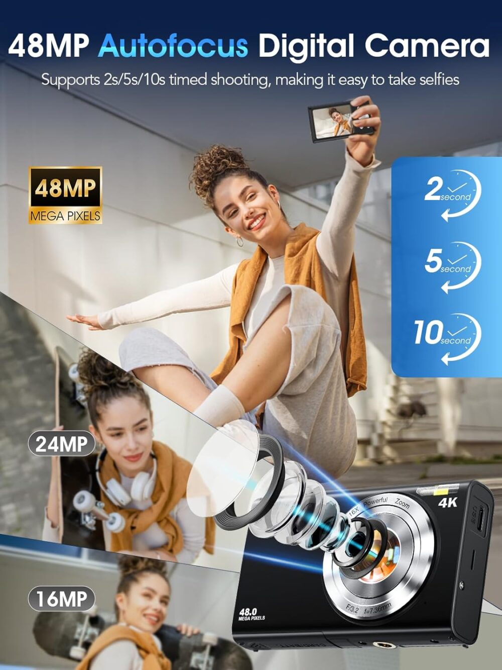 Digital Camera,Autofocus 4K Vlogging Camera for Photography with 32GB Card,48MP Portable Compact Point and Shoot Digital Camera for Teens Adult Beginner with 16X Zoom,Anti-Shake,2 Batteries(Black) - Image 3