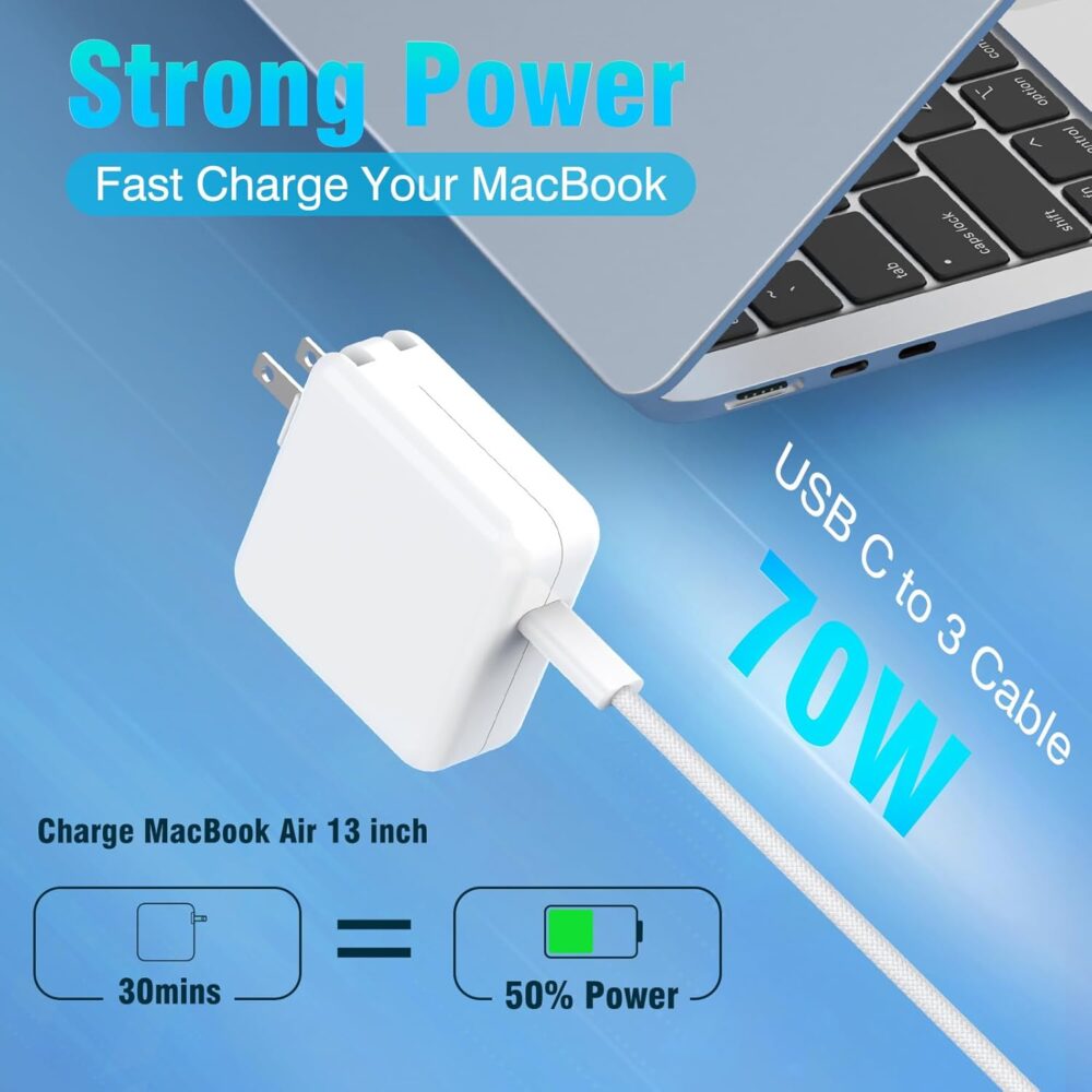 Charger for MacBook Air 13 15 inch MacBook Pro 14 inch 2025 2024 2023 2022 2021 M4 M3 M2 M1, 70W USB C Power Adapter, 6.6FT USB C to 3 Braided Cable with LED, Powerful Connect, Original Quality - Image 3