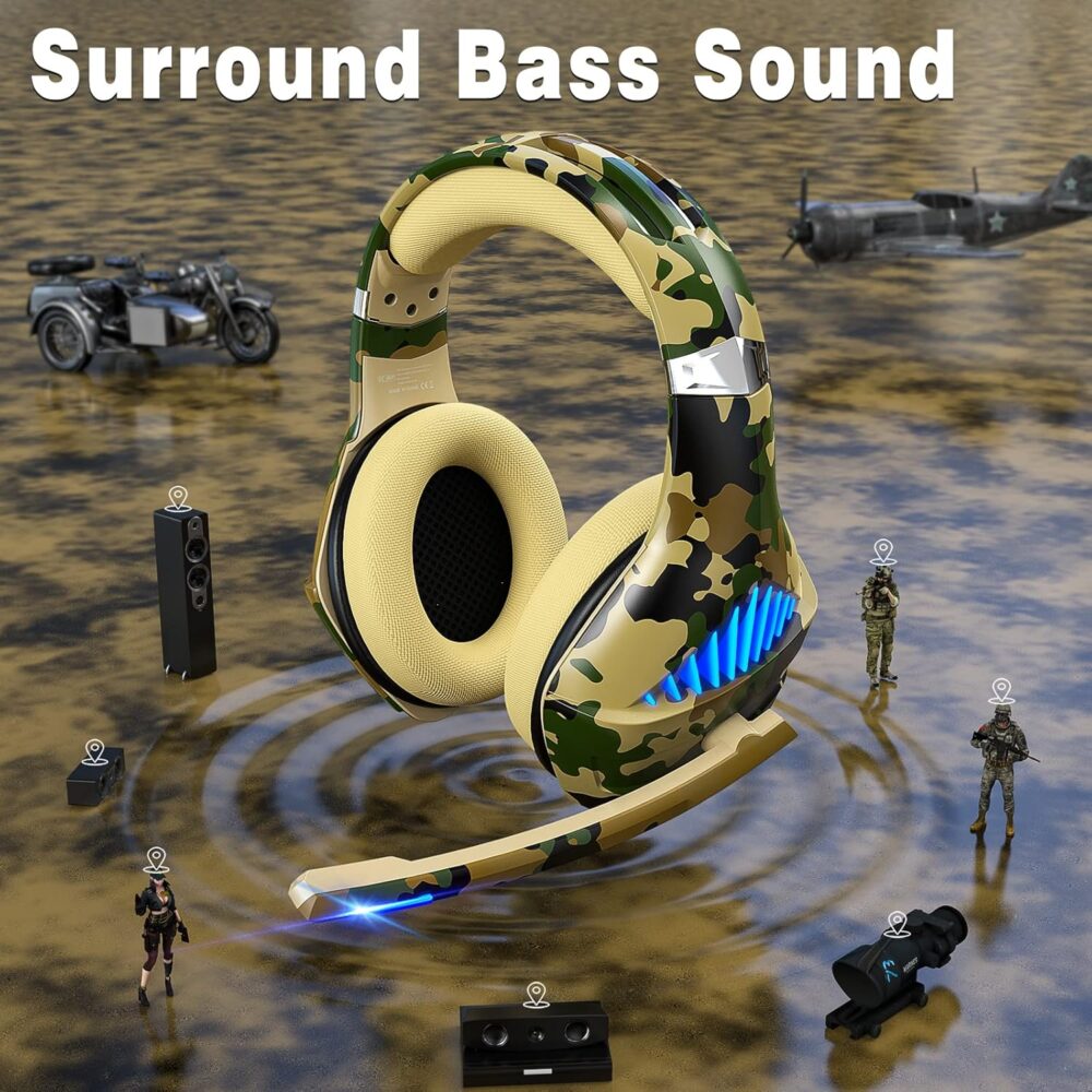 Gaming Headset for PS5 PS4 Xbox ONE Switch PC with Noise Cancelling Over-Ear Stereo Bass Surround Sound Gaming Headphone -Camo - Image 3