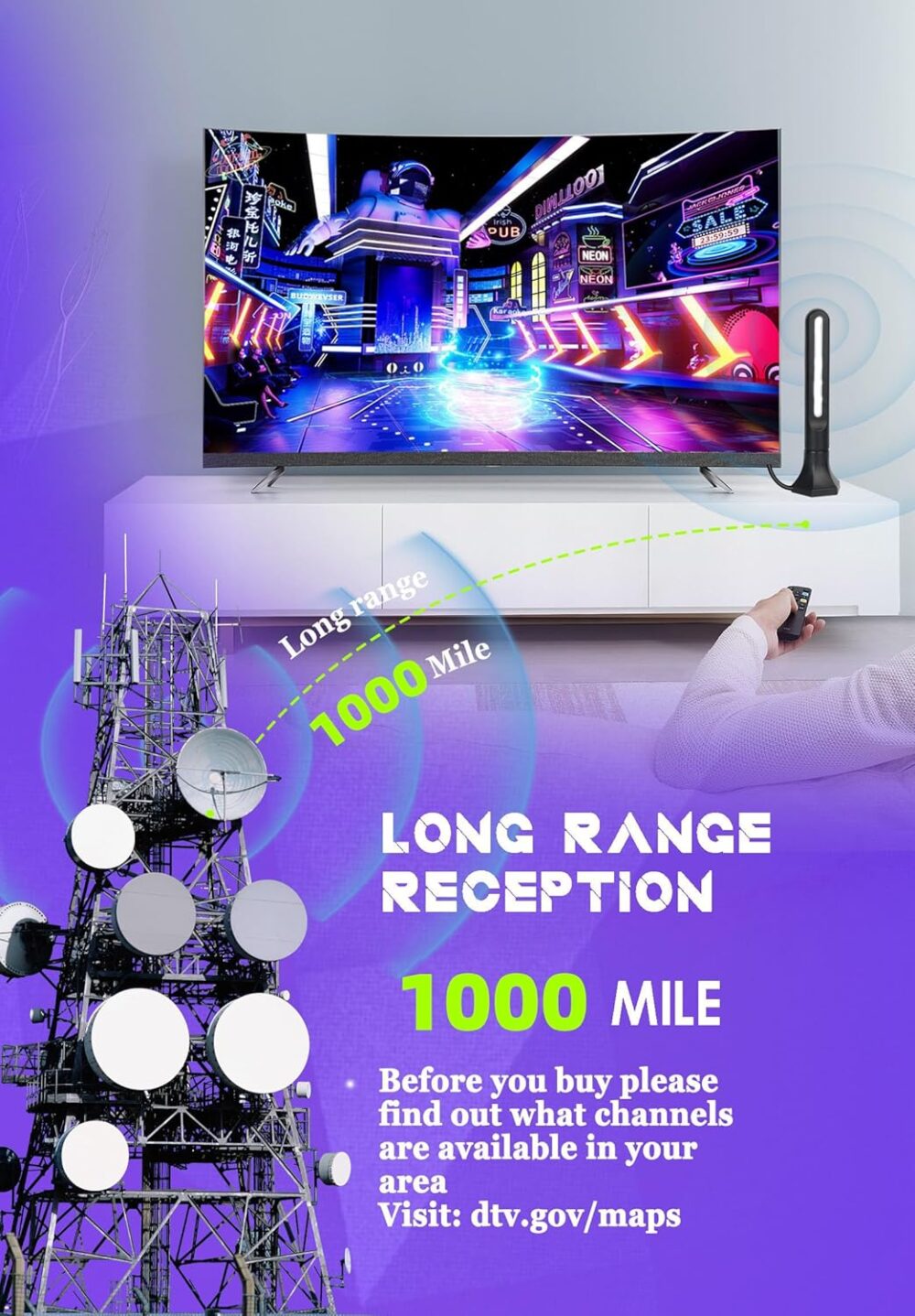 2025 Upgraded TV Antenna Indoor, 1000+ Miles Range Digital Antenna for Smart TV Indoor, HD Antenna for Local Channels with Amplifier, Outdoor Antenna Support 8K 4K 1080p All TVs 18FT Coax Cable - Image 4