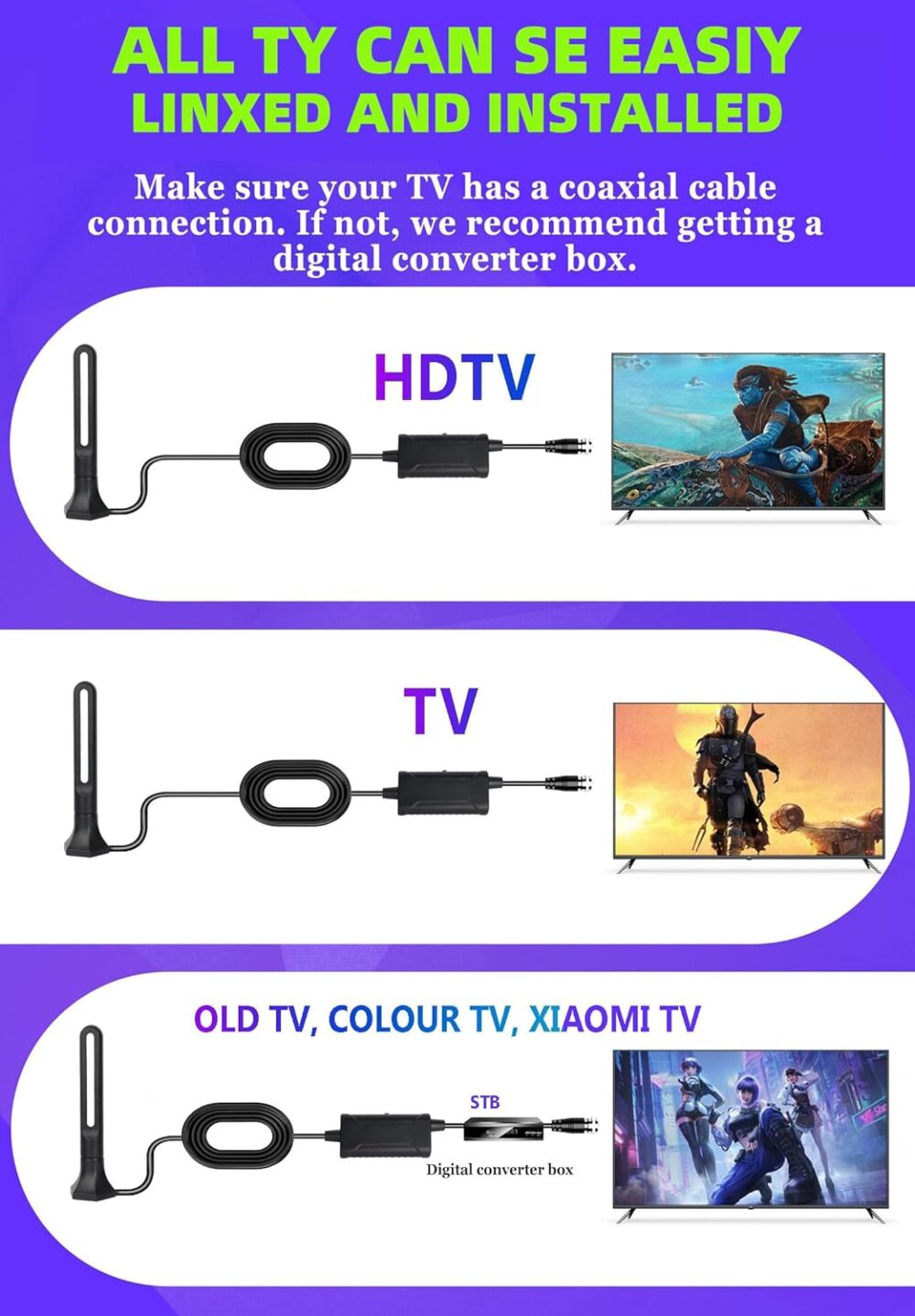2025 Upgraded TV Antenna Indoor, 1000+ Miles Range Digital Antenna for Smart TV Indoor, HD Antenna for Local Channels with Amplifier, Outdoor Antenna Support 8K 4K 1080p All TVs 18FT Coax Cable - Image 7