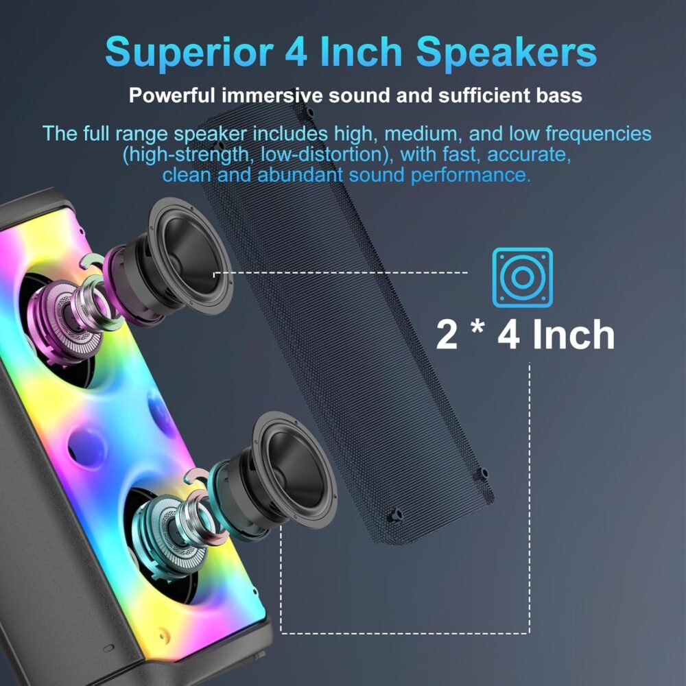 Bluetooth Speaker, 80W Peak Wireless TWS Portable Outdoor Party Speakers with Subwoofer, Deep Bass, LED Colorful Lights, Loud Stereo Sound Boombox with Radio for Home, Camping, Travel - Image 3