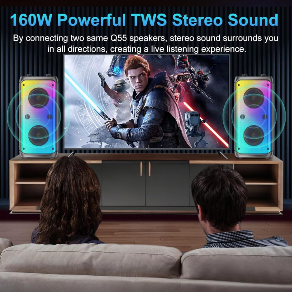 Bluetooth Speaker, 80W Peak Wireless TWS Portable Outdoor Party Speakers with Subwoofer, Deep Bass, LED Colorful Lights, Loud Stereo Sound Boombox with Radio for Home, Camping, Travel - Image 4
